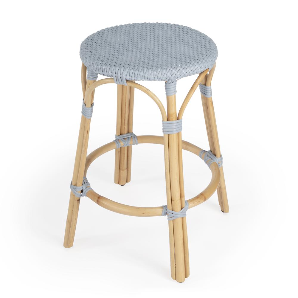Company Tobias Rattan Round 24" Counter Stool, Baby Blue. Picture 1