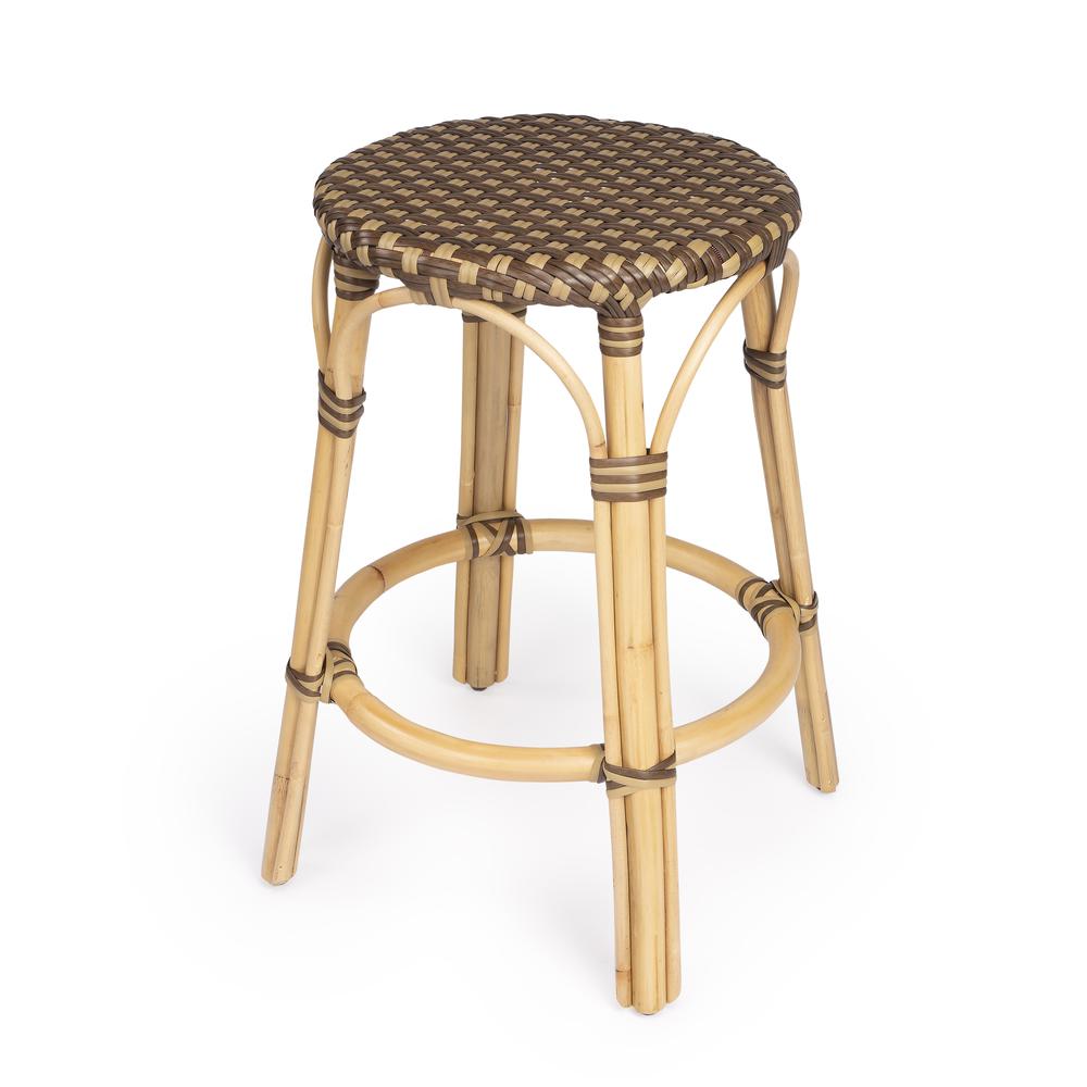 Company Tobias Rattan Round 24" Counter Stool, Brown and Tan Dot. Picture 1