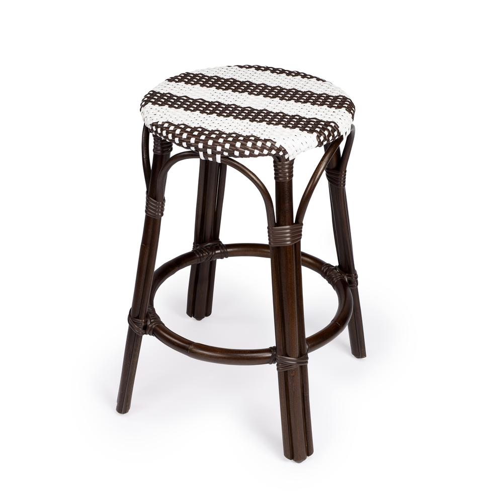 Company Tobias Rattan Round 24" Counter Stool, White and Brown Stripe. Picture 1