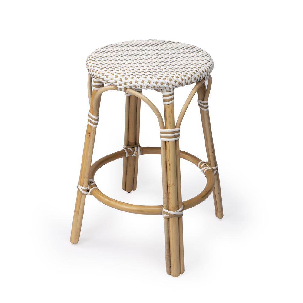 Company Tobias Rattan Round 24" Counter Stool, White and Tan Dot. Picture 1