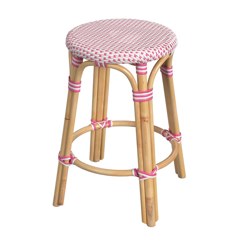 Company Tobias Rattan Round 24" Counter Stool, White and Pink Dot. Picture 1