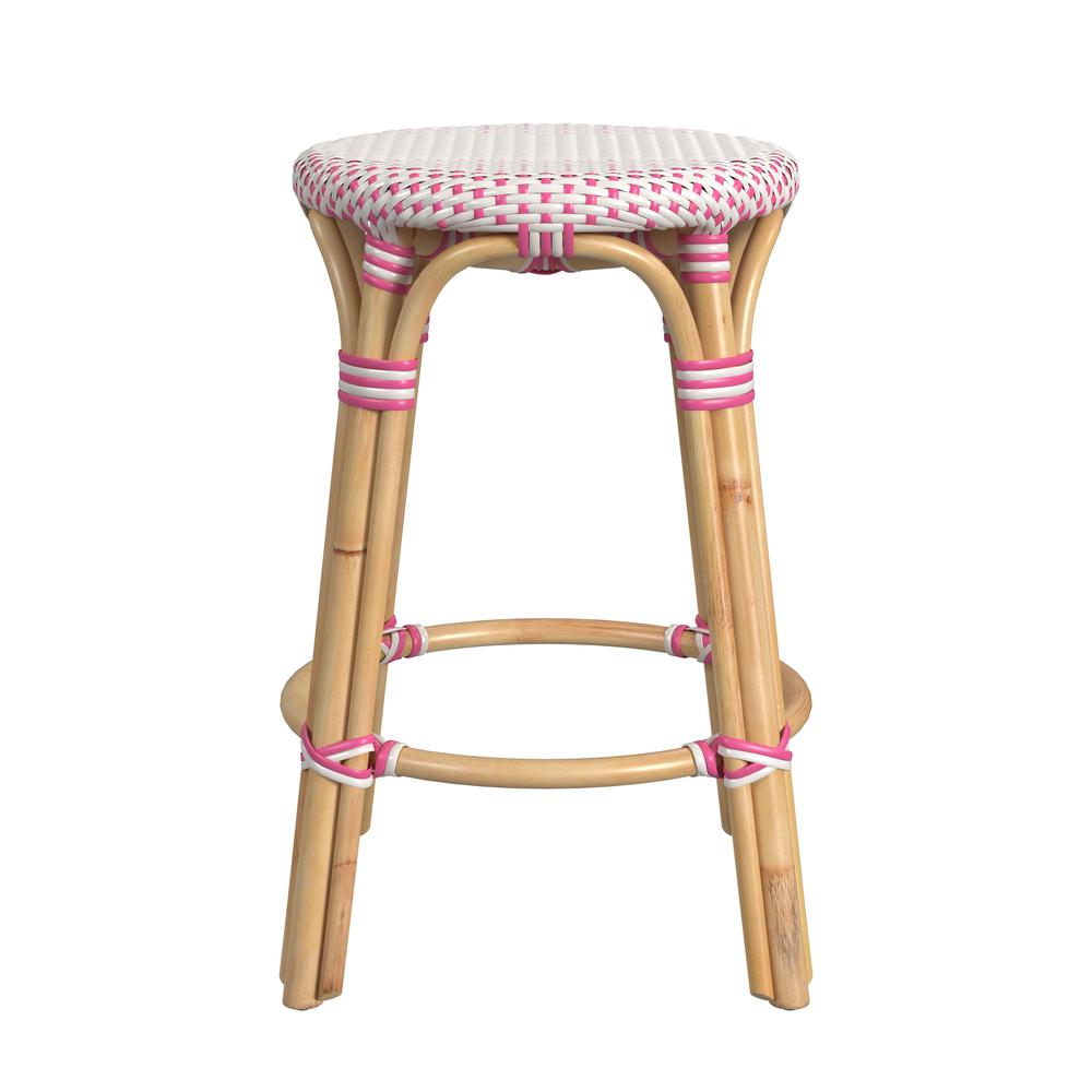 Company Tobias Rattan Round 24" Counter Stool, White and Pink Dot. Picture 2