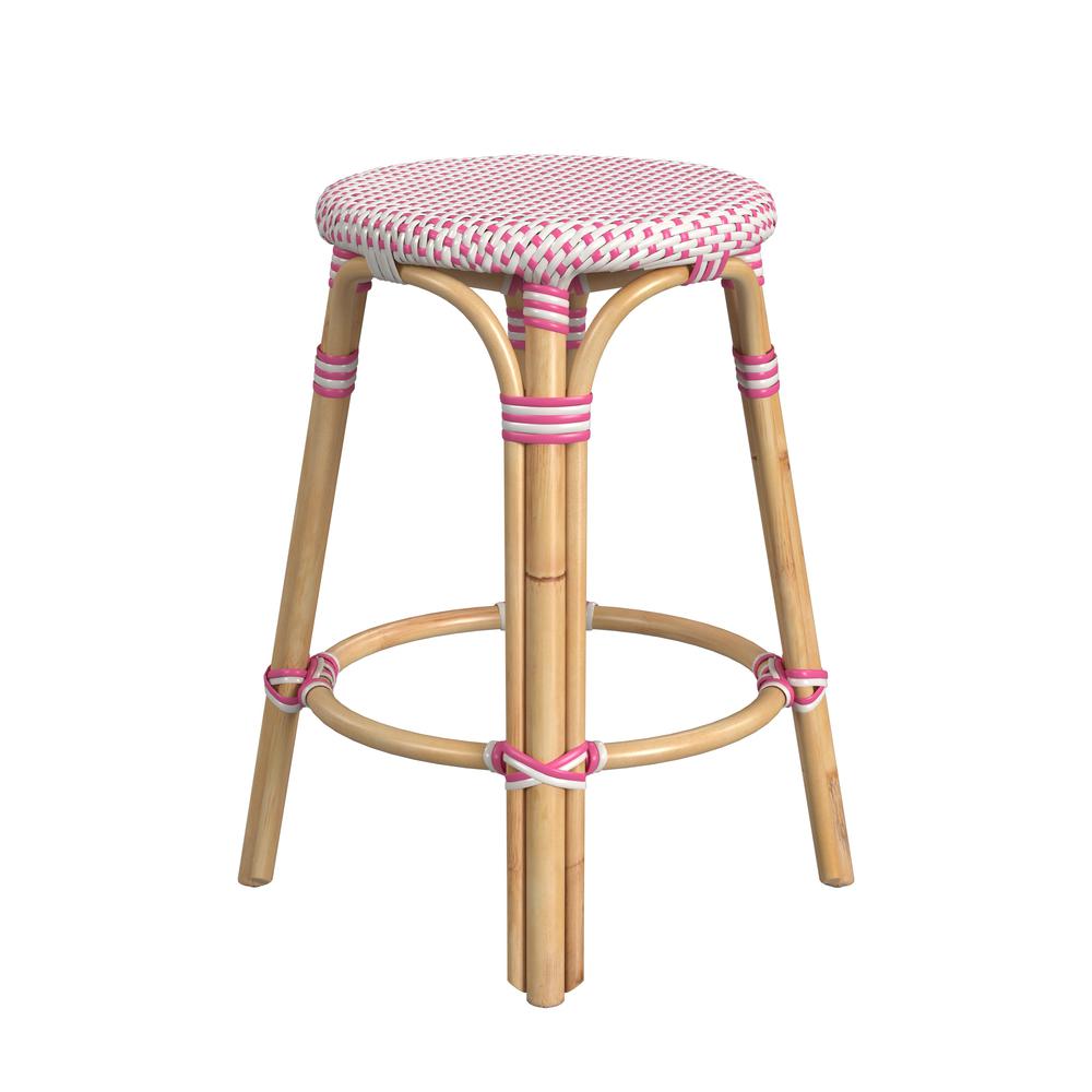 Company Tobias Rattan Round 24" Counter Stool, White and Pink Dot. Picture 3