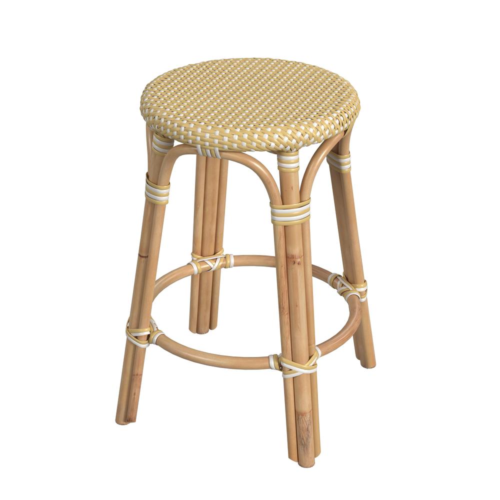 Company Tobias Rattan Round 24" Counter Stool, Yellow and White Dot. Picture 1
