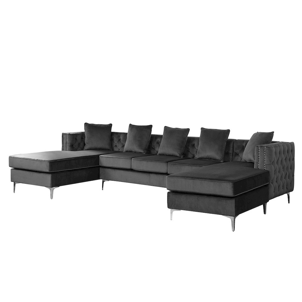 Ryan Dark Gray Velvet Double Chaise Sectional Sofa with Nail-Head Trim. Picture 1
