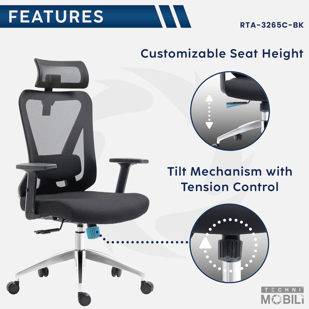 Truly Ergonomic Mesh Office Chair with Headrest & Lumbar Support, Black. Picture 12