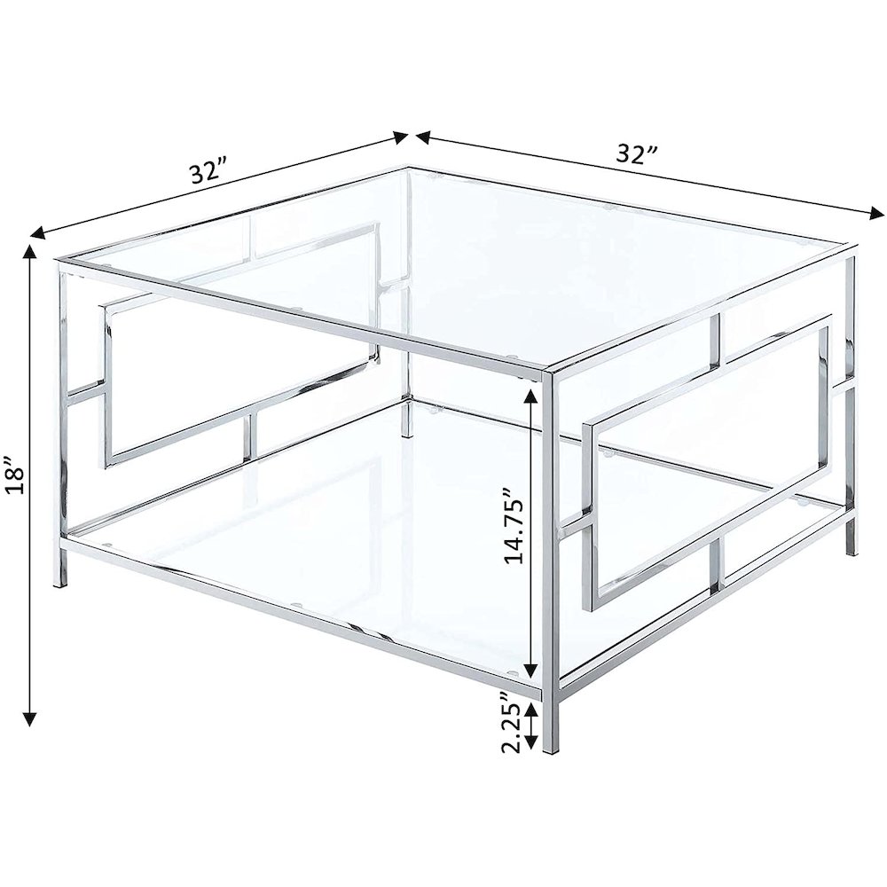 Town Square Chrome Square Coffee Table with Shelf, Clear Glass/Chrome Frame. Picture 3
