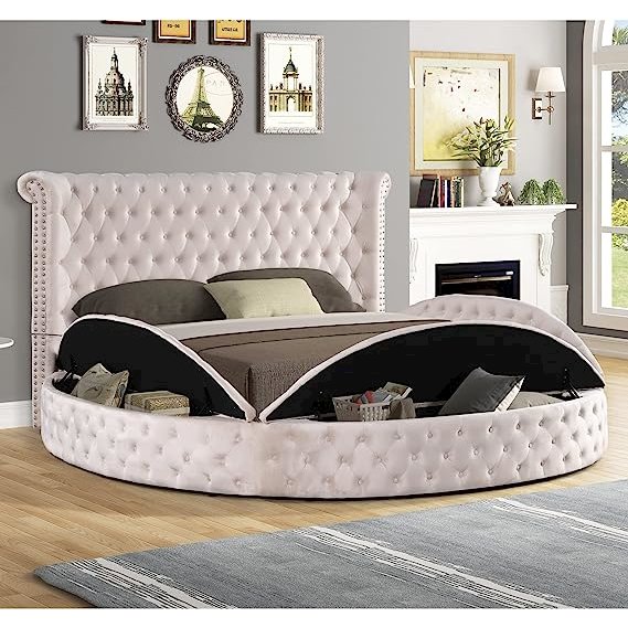 Best Master Furniture Isabella Velvet Round Queen Bed with Storage in Beige. Picture 3