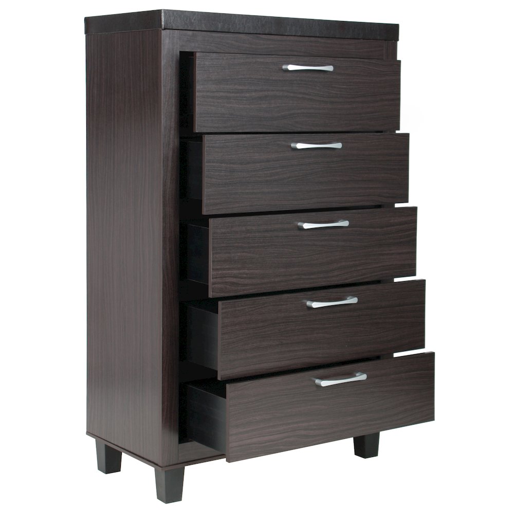 Better Home Products Elegant 5 Drawer Chest of Drawers for Bedroom in Tobacco. Picture 4
