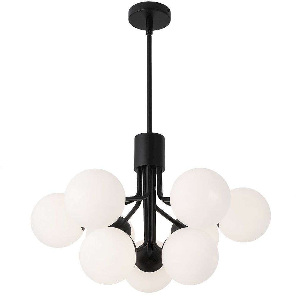 9 Light Chandelier, Matte Black with Opal Glass. Picture 1
