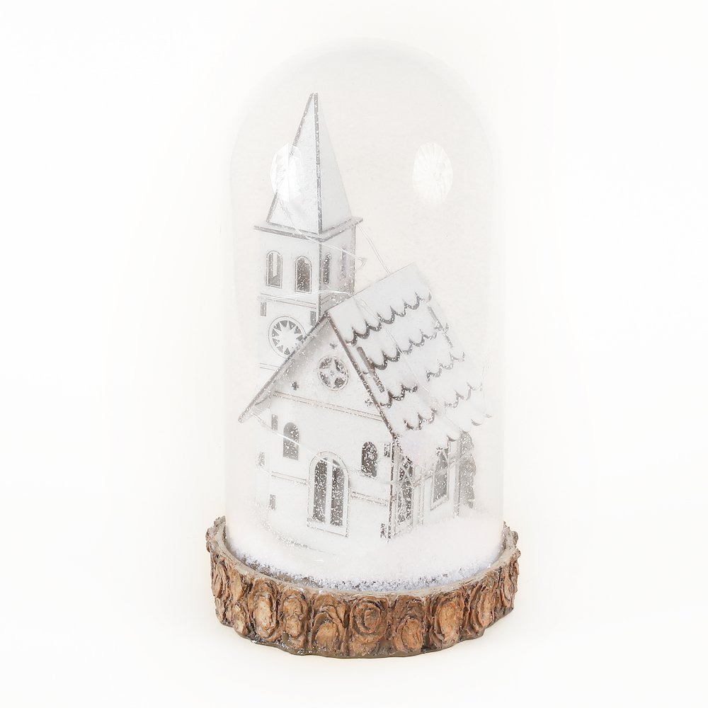 Lighted Snow-Covered White Church Glass Lantern. Picture 1