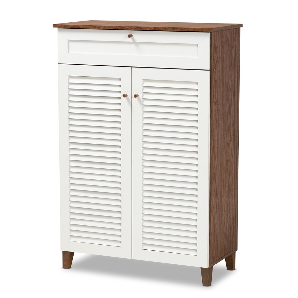 Baxton Studio Coolidge Modern and Contemporary White and Walnut Finished 5Shelf Wood Shoe Storage Cabinet with Drawer. Picture 1