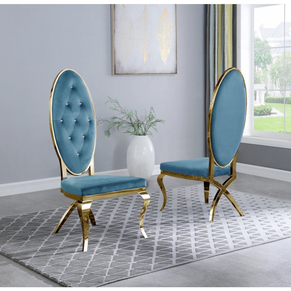 Velvet Side Chair Set of 2, Stainless Steel Gold Legs, Teal. Picture 1
