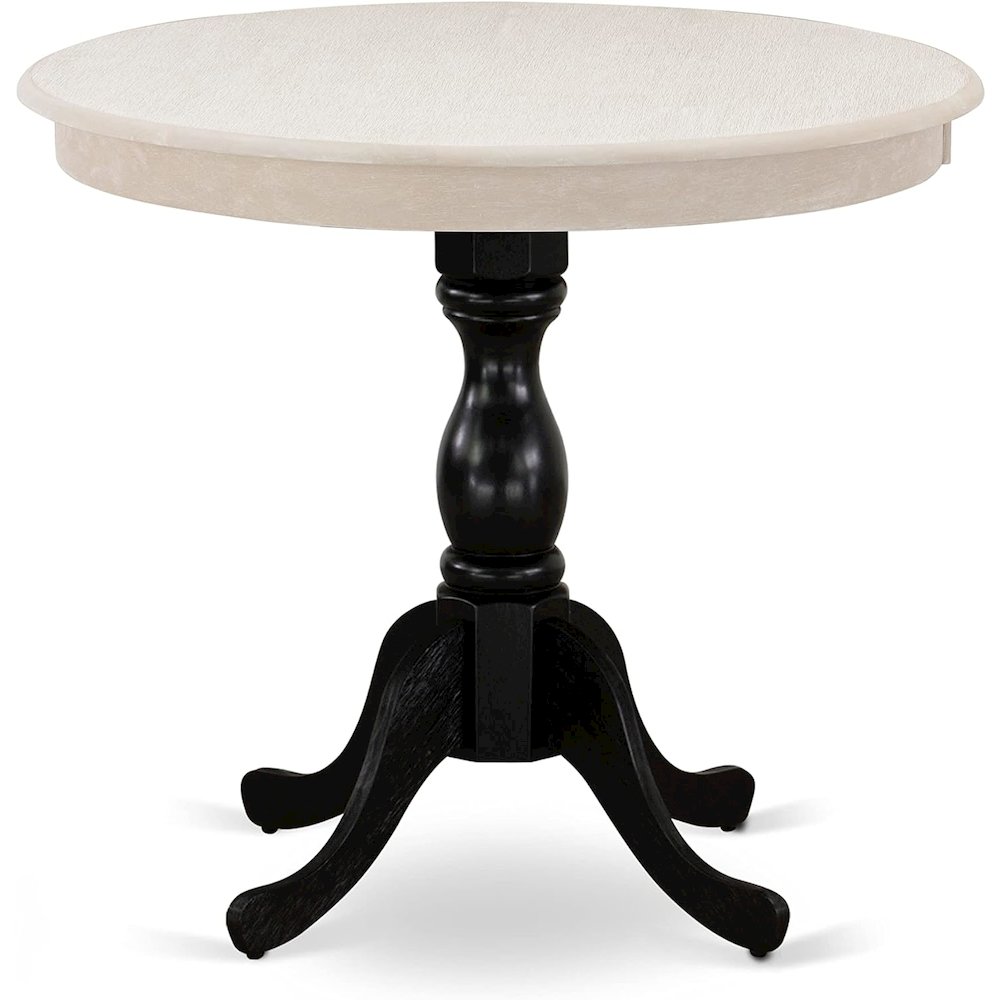 East West Furniture Antique 36" Round Kitchen Table for Compact Space - Wirebrushed Butter Cream Top & Black Pedestal. Picture 1