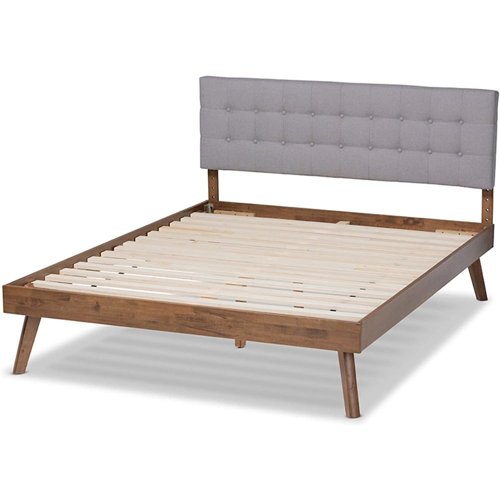 Baxton Studio Devan MidCentury Modern Light Grey Fabric Upholstered Walnut Brown Finished Wood King Size Platform Bed. The main picture.