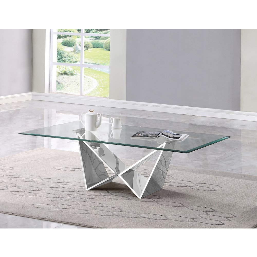 Clear glass Coffee table with a silver color base. Picture 2