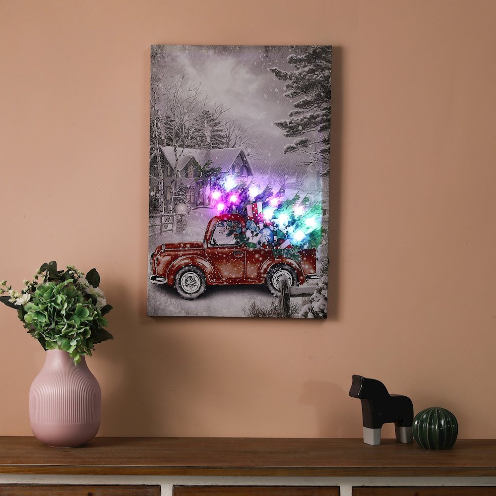 Christmas Vintage Truck Canvas Print with LED Lights. Picture 1