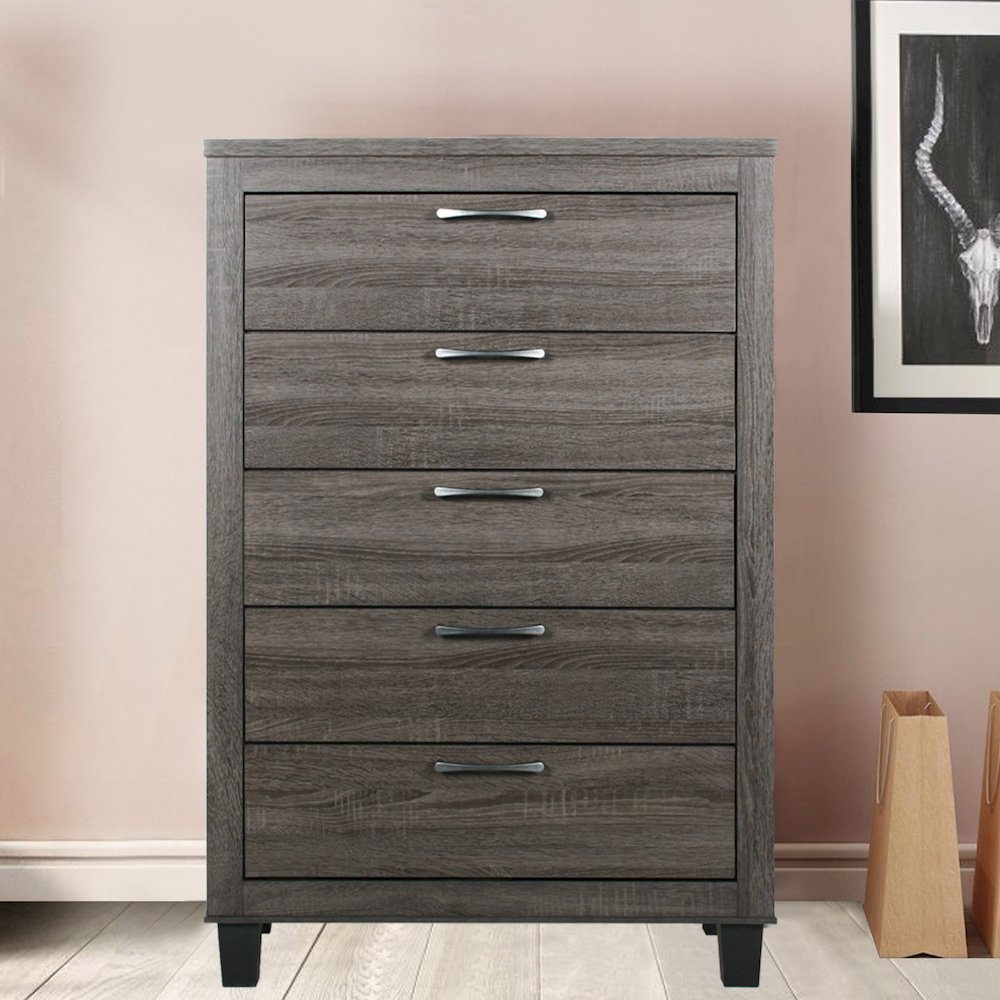 Better Home Products Silver Fox 5 Drawer Chest of Drawers in Gray Woodgrain. Picture 6