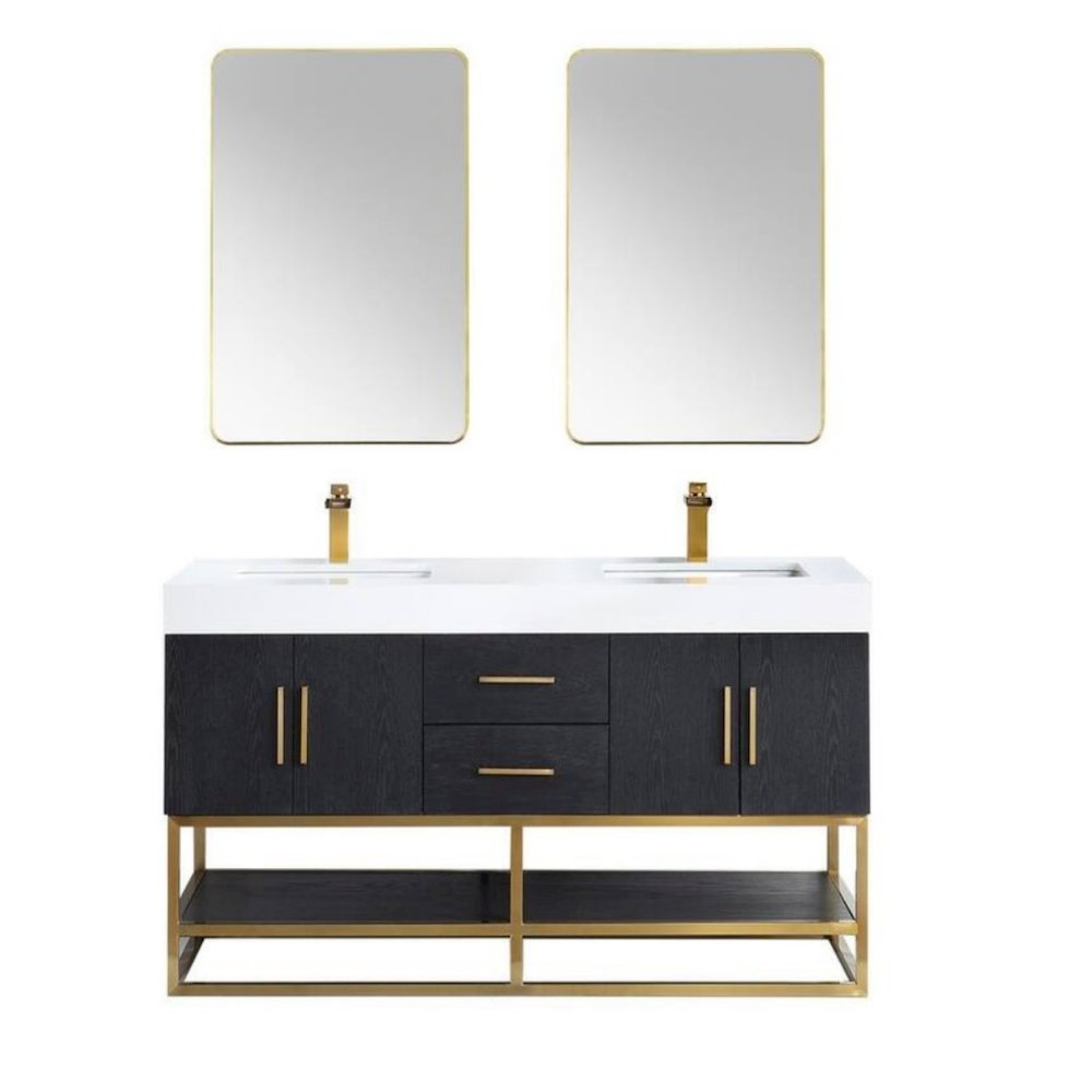 60" Double Bathroom Vanity in Black Oak awith Mirror. Picture 1