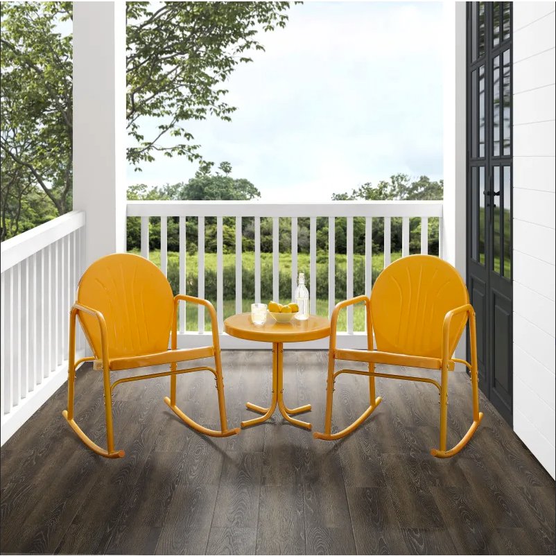Griffith 3Pc Outdoor Metal Rocking Chair Set Tangerine Gloss - Side Table & 2 Rocking Chairs. Picture 4