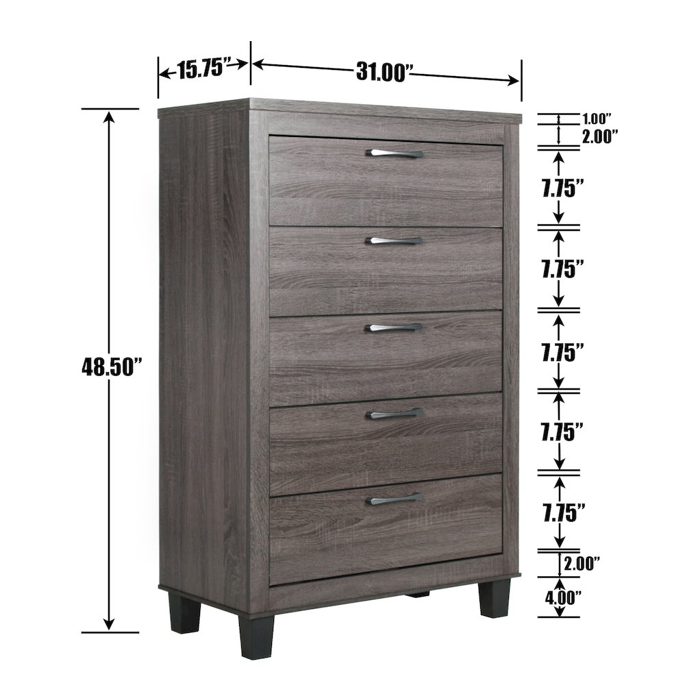 Better Home Products Silver Fox 5 Drawer Chest of Drawers in Gray Woodgrain. Picture 4