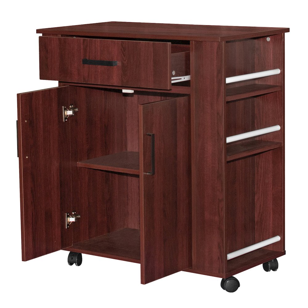 Better Home Products Shelby Rolling Kitchen Cart with Storage Cabinet - Mahogany. Picture 4