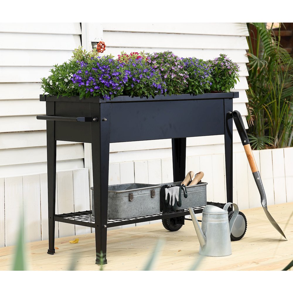 Black Mobile Metal Raised Garden Bed Planter Cart with Legs. Picture 4