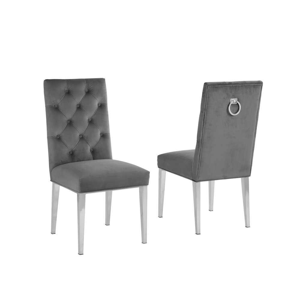 Dark Gray Velvet Tufted Dining Side Chairs, Chrome  - Set of 2. Picture 1