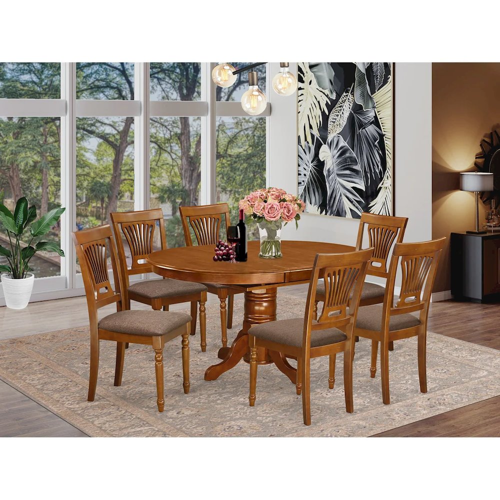 AVPL7-SBR-C 7 PcAvon Dining Table featuring Leaf and 6 Fabric Seat Chairs in Saddle Brown .. Picture 5