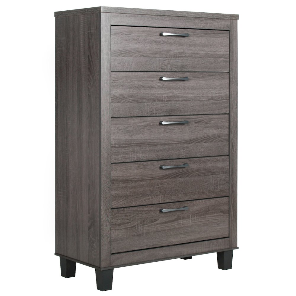 Better Home Products Silver Fox 5 Drawer Chest of Drawers in Gray Woodgrain. Picture 1