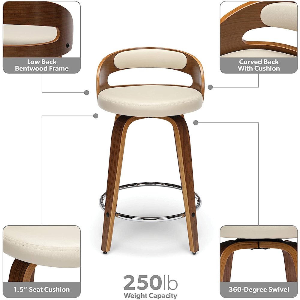 OFM 161 Collection Mid Century Modern 24" Low Back Bentwood Frame Swivel Seat Stool with Vinyl Back and Seat Cushion, in Walnut/Ivory (161-WV24C-IVY). Picture 4