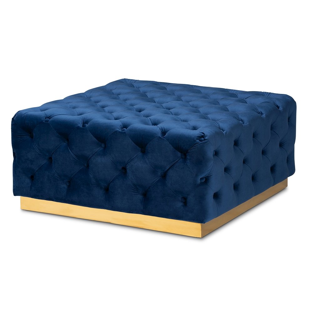 Baxton Studio Verene Glam and Luxe Royal Blue Velvet Fabric Upholstered Gold Finished Square Cocktail Ottoman. Picture 1