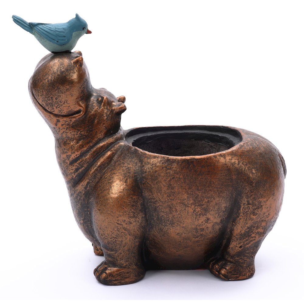 Brown Hippo and Blue Bird MgO Flower Pot Planter. Picture 1