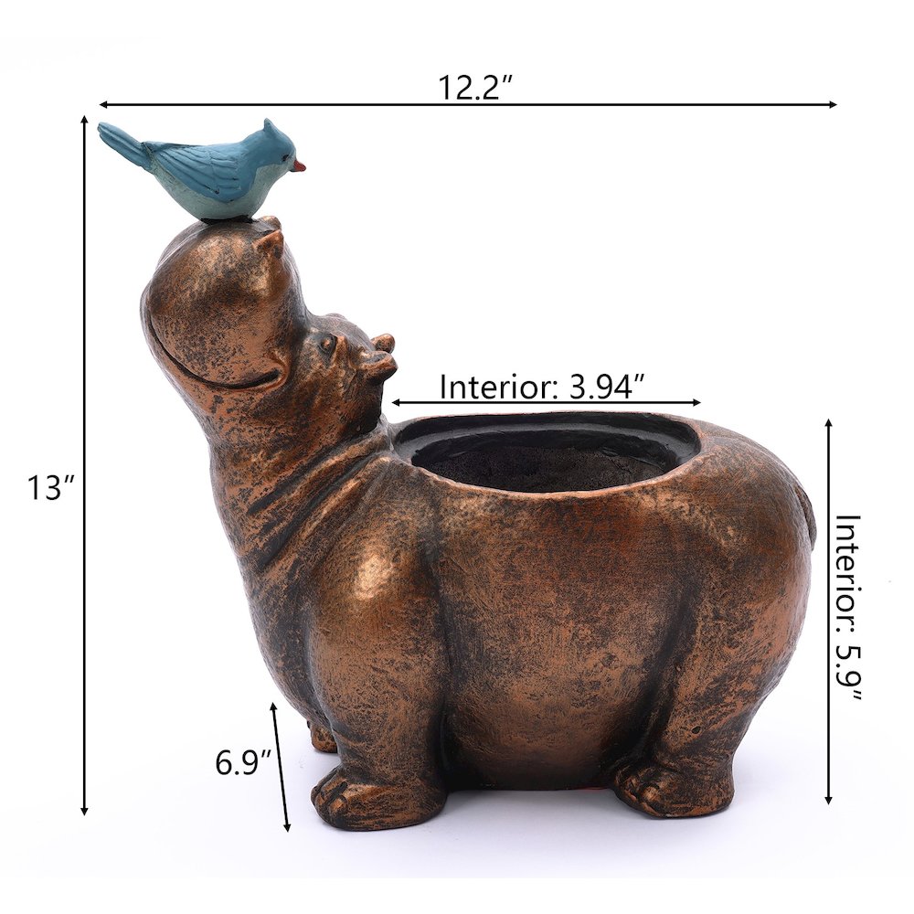 Brown Hippo and Blue Bird MgO Flower Pot Planter. Picture 3