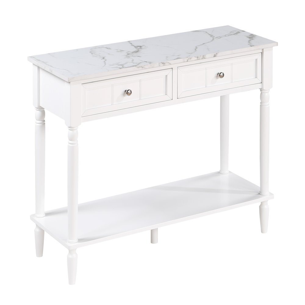 French Country 2 Drawer Hall Table with Shelf, White Faux Marble/White. Picture 1