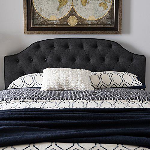 Windsor Modern and Contemporary Dark Grey Fabric Upholstered Scalloped Buttoned Queen Size Headboard. The main picture.
