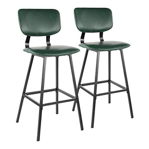 Foundry Contemporary Barstool in Black Metal and Green Faux Leather with Green Zig Zag Stitching - Set of 2. Picture 1