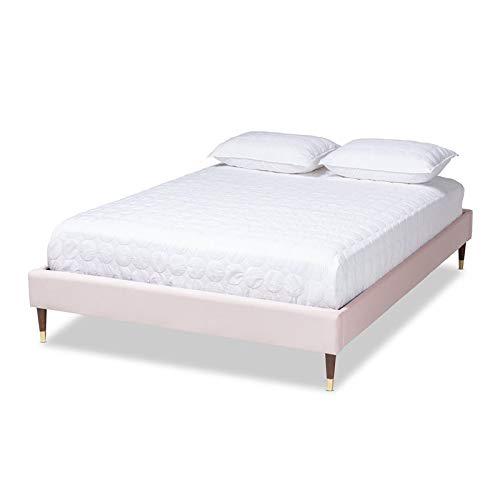 Baxton Studio Volden Glam and Luxe Light Pink Velvet Fabric Upholstered Full Size Wood Platform Bed Frame with Gold-Tone Leg Tips. Picture 1