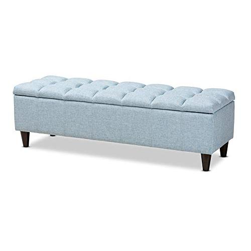 Baxton Studio Brette Mid-Century Modern Light Blue Fabric Upholstered Dark Brown Finished Wood Storage Bench Ottoman. Picture 1