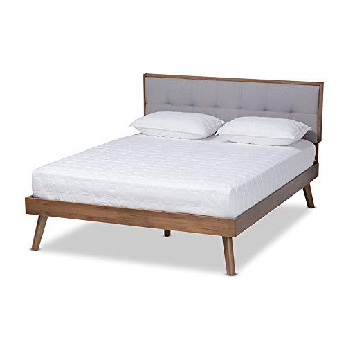 Baxton Studio Alke MidCentury Modern Light Grey Fabric Upholstered Walnut Brown Finished Wood Queen Size Platform Bed. Picture 1