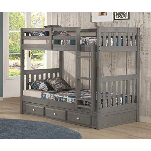 Solid Pine Twin/Twin Bunk Bed with Three Drawers in Charcoal. The main picture.