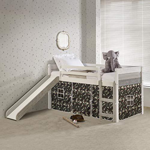 TWIN PANEL LOW LOFT BED WITH SLIDE IN TWO-TONE GREY/WHITE FINISH & CAMO TENT KIT. Picture 1