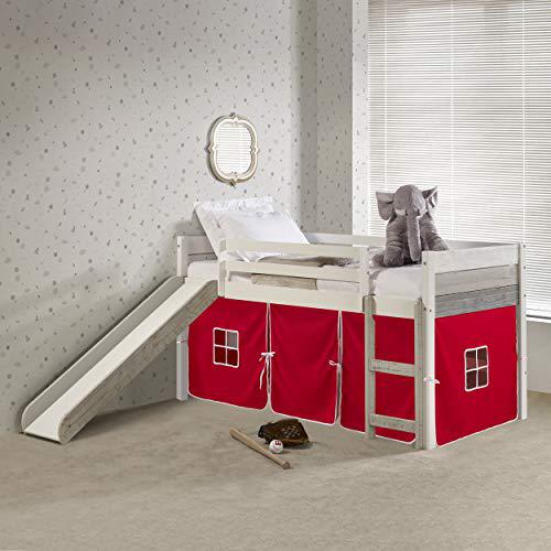 TWIN PANEL LOW LOFT BED WITH SLIDE IN TWO-TONE GREY/WHITE FINISH & RED TENT KIT. Picture 1