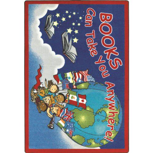 Joy Carpet Books Can Take You Anywhere Sky Blue 3'10" x 5'4" Oval. Picture 1