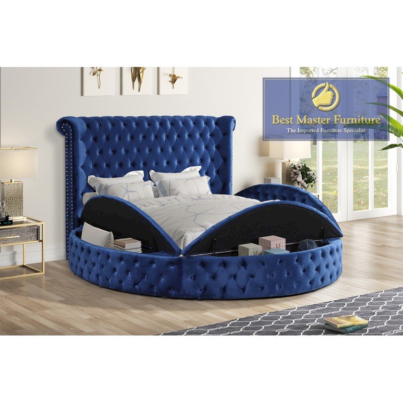 Best Master Furniture Isabella Velvet Platform King Bed with Storage in Blue. Picture 2