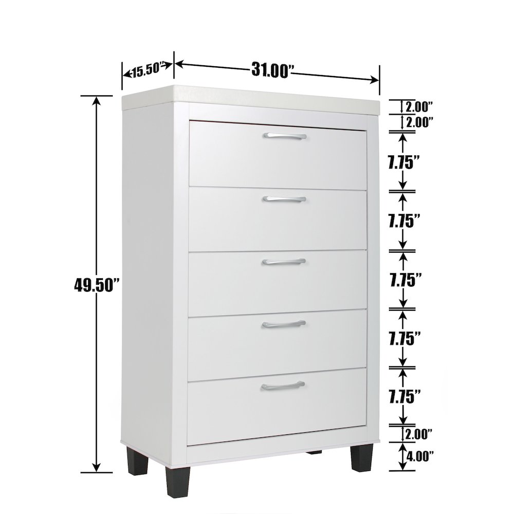 Better Home Products Elegant 5 Drawer Chest of Drawers for Bedroom in White. Picture 7