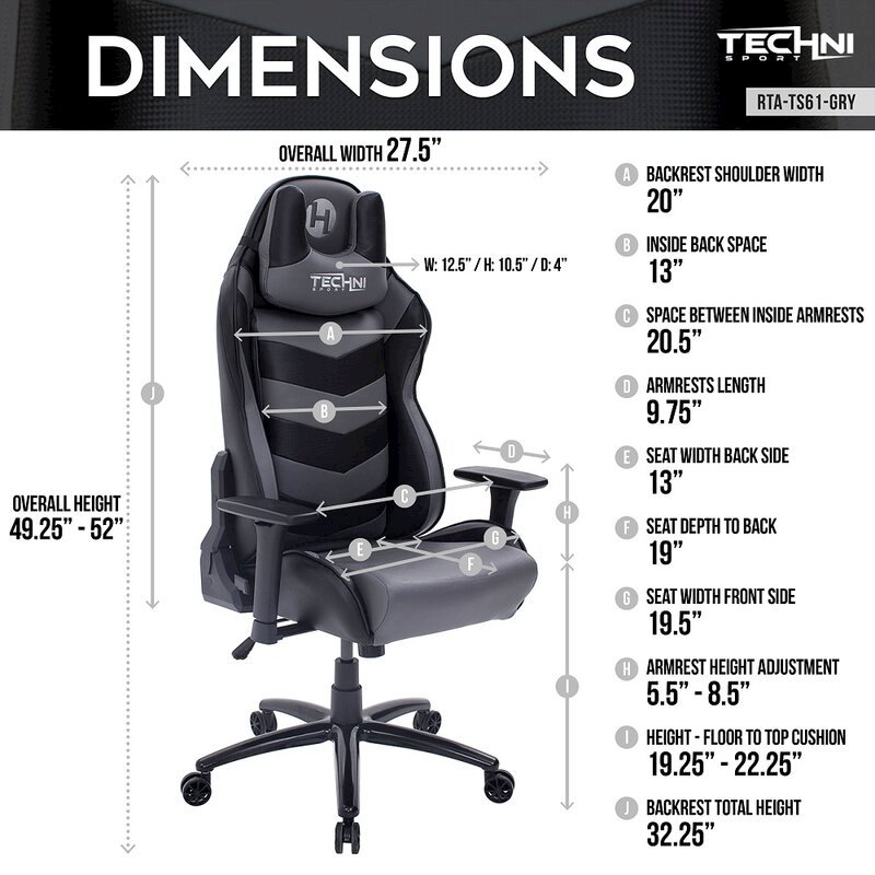 Techni Sport TS-61 Ergonomic High Back Racer Style Video Gaming Chair, Grey/Black. Picture 5