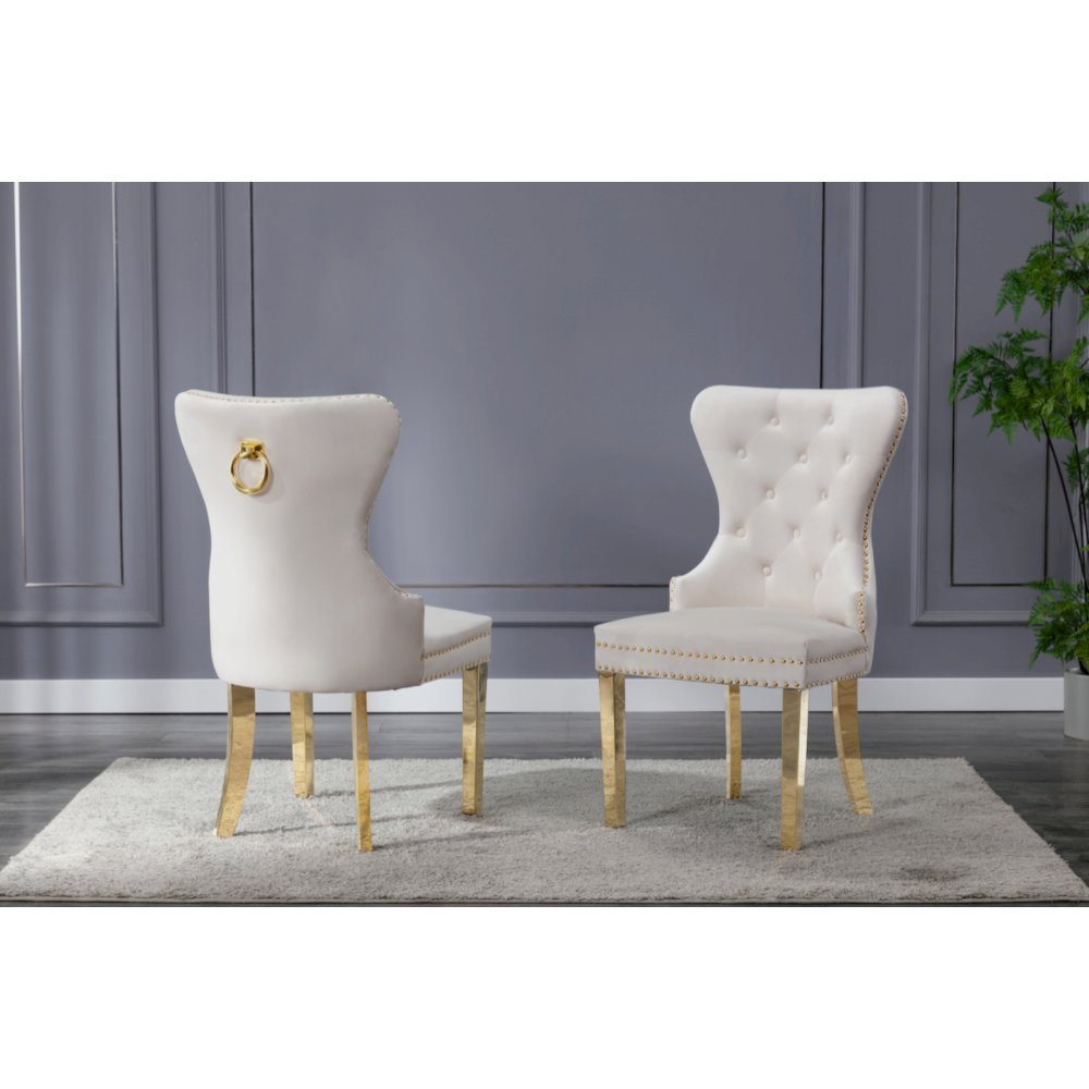 Velvet Tufted Side Chair Set of 2, Stainless Steel Gold Legs, Beige. Picture 1