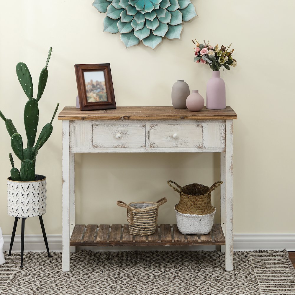Distressed White and Wood 2-Drawer 1-Shelf Console and Entry Table. Picture 2