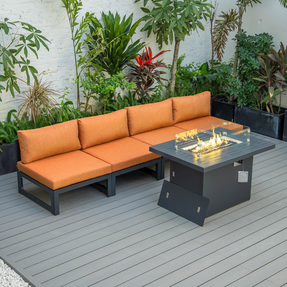 LeisureMod Chelsea 5-Piece Middle Patio Chairs and Fire Pit Table Set With Cushions, Orange. Picture 1